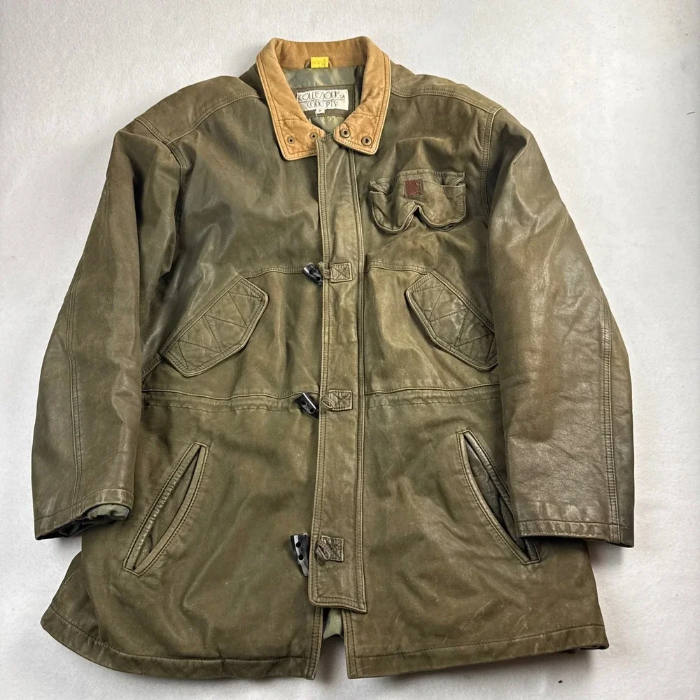 Collezione Concepts‎ Vintage Mens Leather Parka Jacket Olive Green Toggle Size M